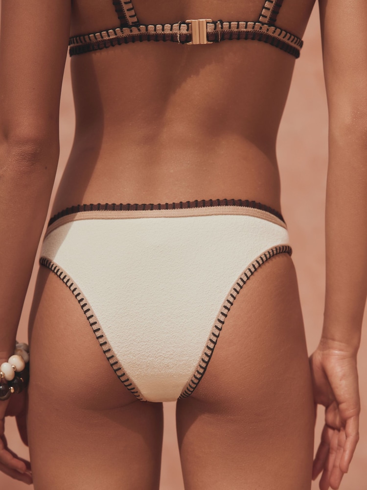 Textured Cream/Brown Whipstitch High Leg Bikini Bottoms - Image 2 of 5