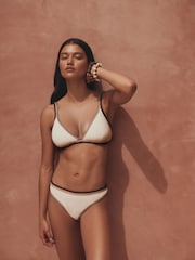 Textured Cream/Brown Whipstitch High Leg Bikini Bottoms - Image 5 of 5
