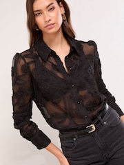 Lipsy Black Floral Burnout Button Through Shirt - Image 1 of 4