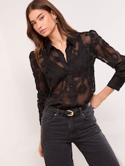 Lipsy Black Floral Burnout Button Through Shirt - Image 4 of 4
