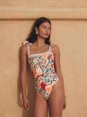 Rust Red Abstract Bordered Tummy Control Swimsuit - Image 3 of 9