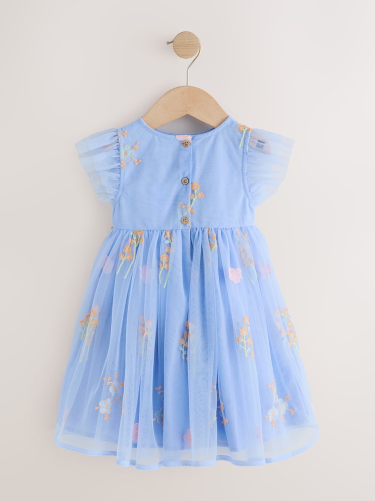 sky blue embroidered dress Sky Blue Floral 3D Embroidered Button Up Mini Dress