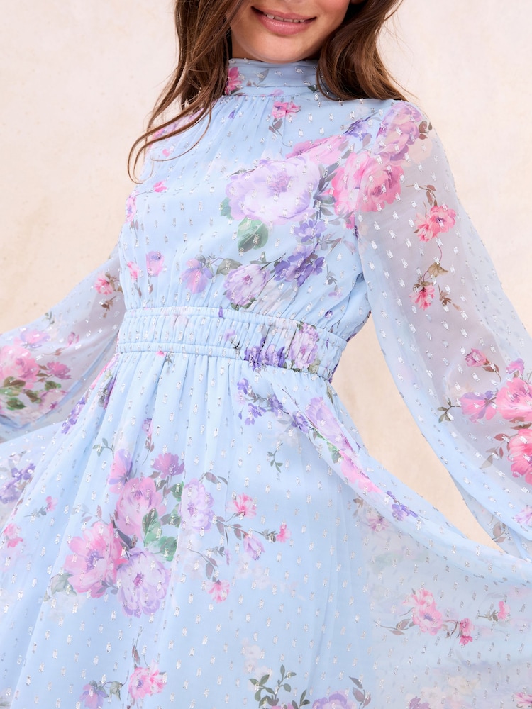 Lipsy Blue Floral Long Sleeve Hanky Hem Occasion Dress (5-16yrs) - Image 2 of 4