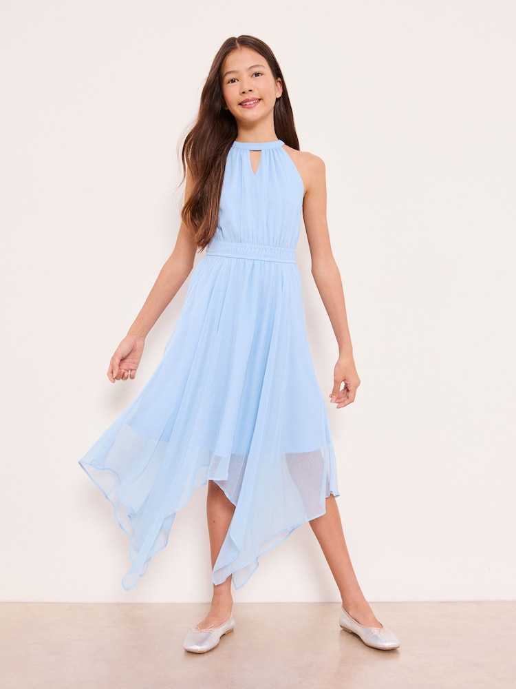 Lipsy Blue Cut Out Hanky Hem Halter Occasion Dress (7-16yrs) - Image 1 of 4