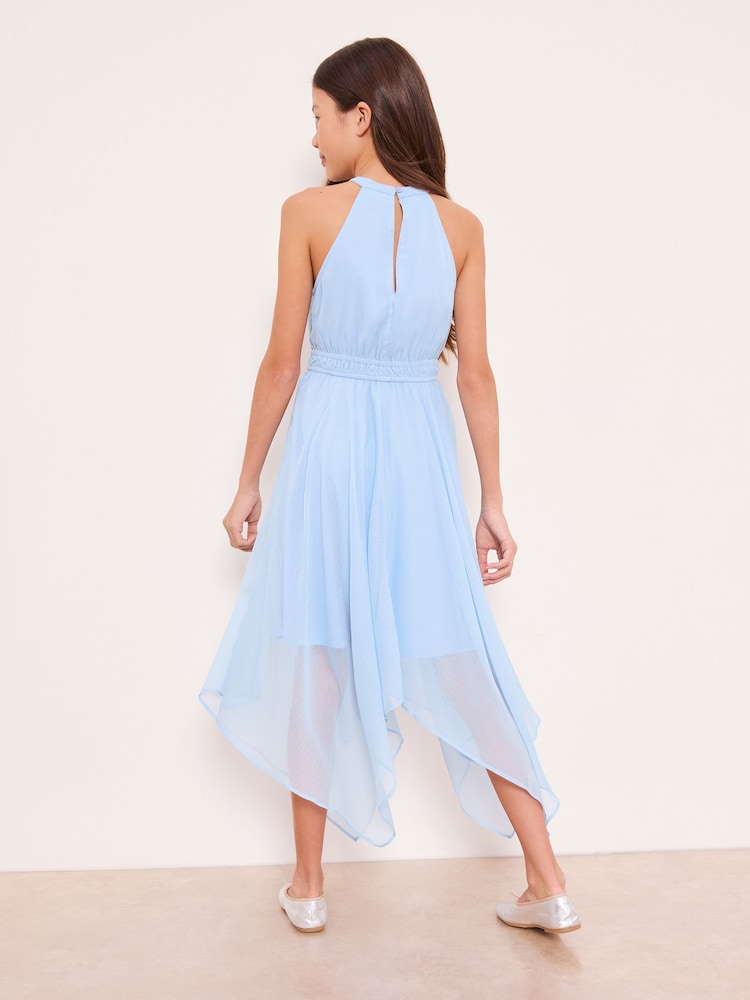 Lipsy Blue Cut Out Hanky Hem Halter Occasion Dress (7-16yrs) - Image 4 of 4