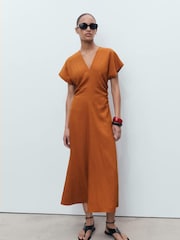 Mango Brown Midi-Dress With Gathered Sides - Image 1 of 6