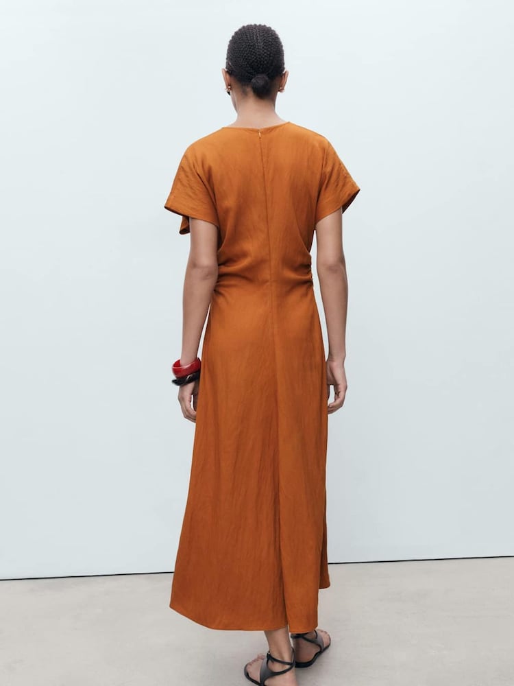 Mango Brown Midi-Dress With Gathered Sides - Image 2 of 6 Mango Brown Midi-Dress With Gathered Sides - Image 2 of 6