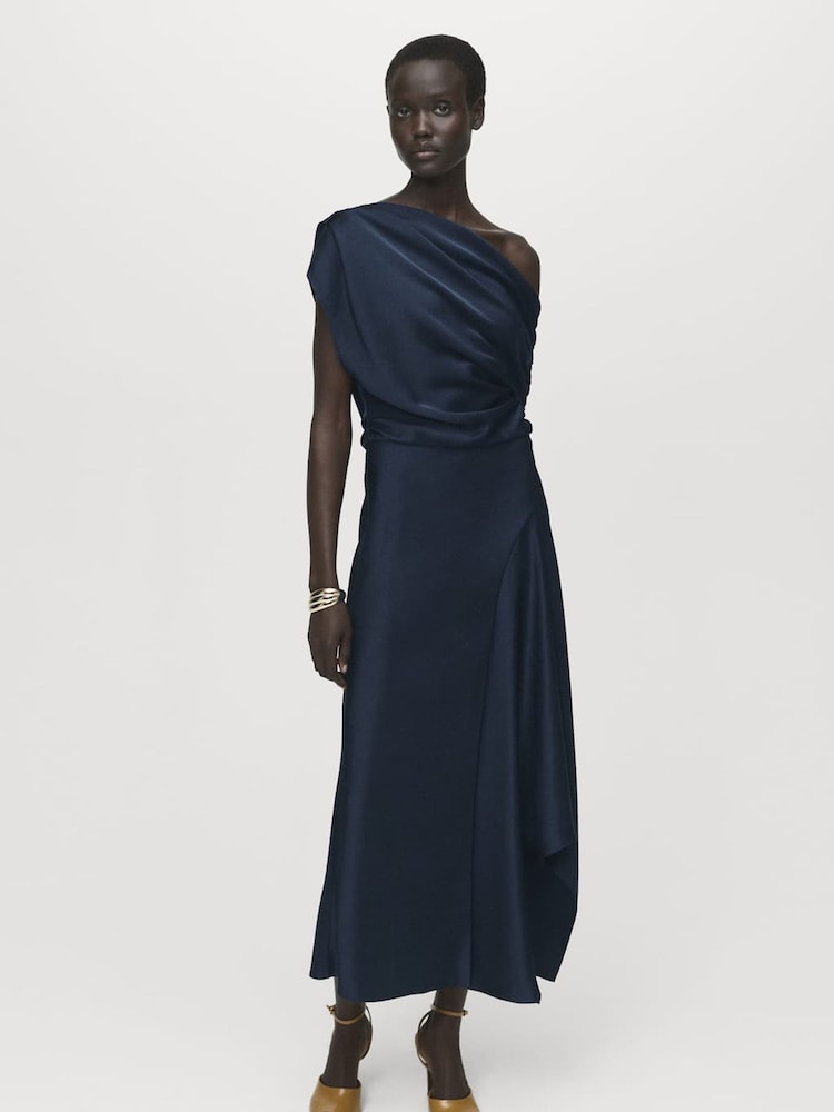 Mango Blue Asymmetrical Satin Dress - Image 1 of 6