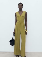 Mango Green Long Chest-Pocket Jumpsuit - Image 1 of 6
