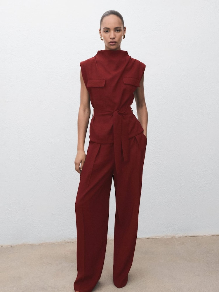Mango Red Blouse With Draped Neck And Belt - Image 1 of 6