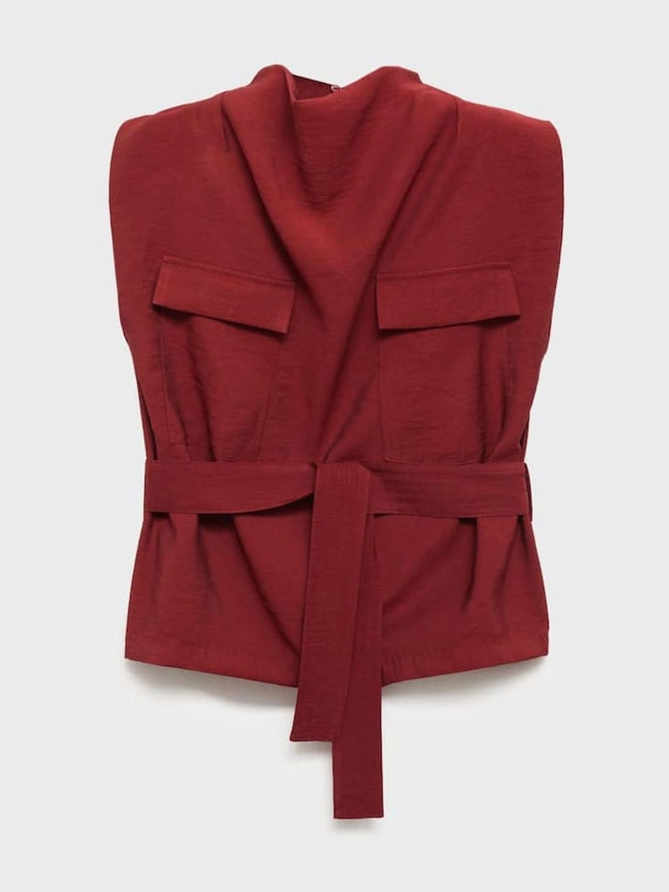Mango Red Blouse With Draped Neck And Belt - Image 6 of 6