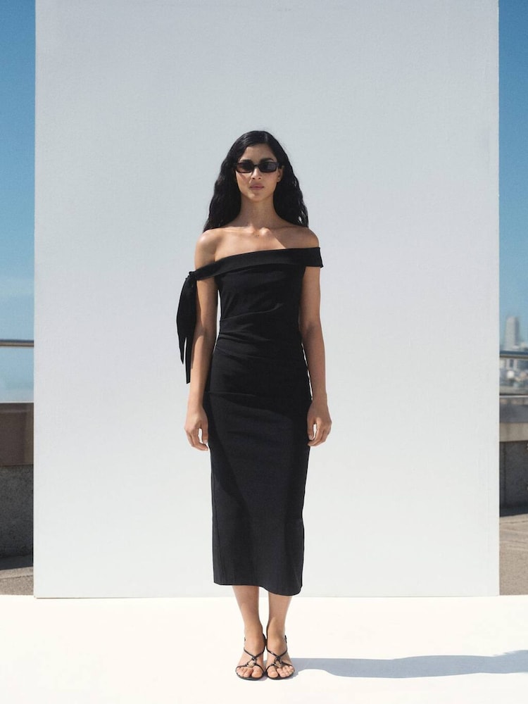 Mango Black Strapless Dress With Bow Detail - Image 1 of 6 Mango Black Strapless Dress With Bow Detail - Image 1 of 6
