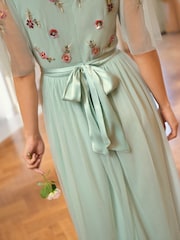 Love & Roses Mint Green Embroidered Angel Sleeve Maxi Dress - Image 3 of 4