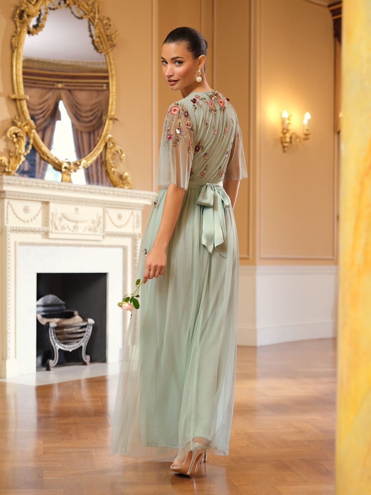 Love & Roses Mint Green Embroidered Angel Sleeve Maxi Dress - Image 4 of 4