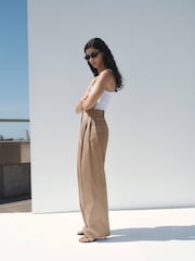 Mango Brown Straight Cotton Trousers With Pleats - Image 2 of 6