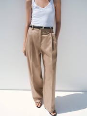Mango Brown Straight Cotton Trousers With Pleats - Image 3 of 6