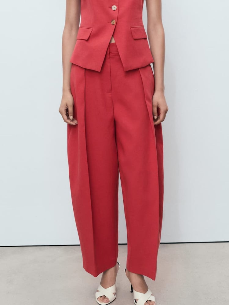 Mango Red Linen Blend Balloon Suit Trousers - Image 1 of 6