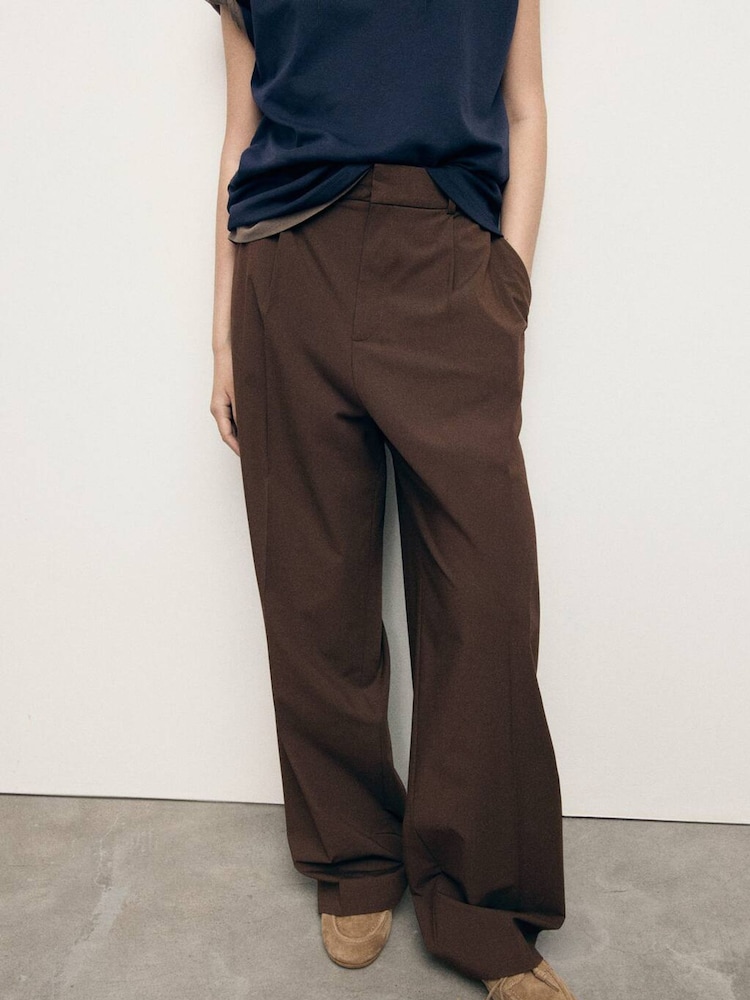 Mango Brown Low-Rise Wide-Leg Trousers - Image 1 of 5