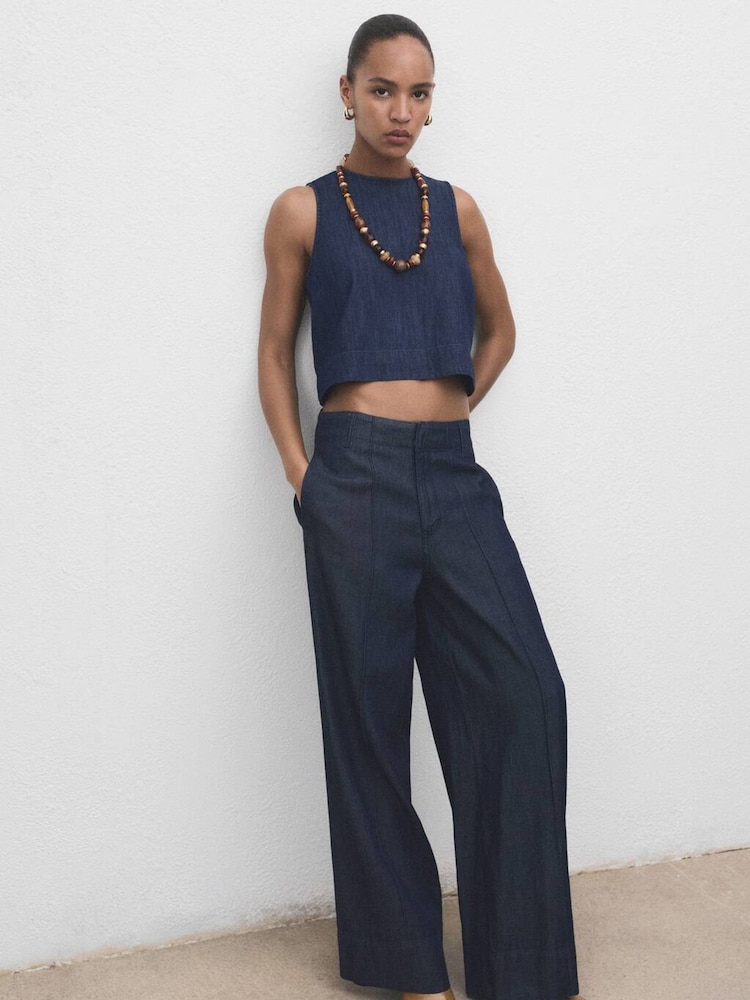 Mango Blue Wide Leg Denim Pants With Seams - Image 1 of 7 Mango Blue Wide Leg Denim Pants With Seams - Image 1 of 7