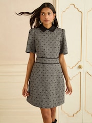 Love & Roses Grey Bow Flocked Spot Short Sleeve Mini Dress - Image 3 of 4