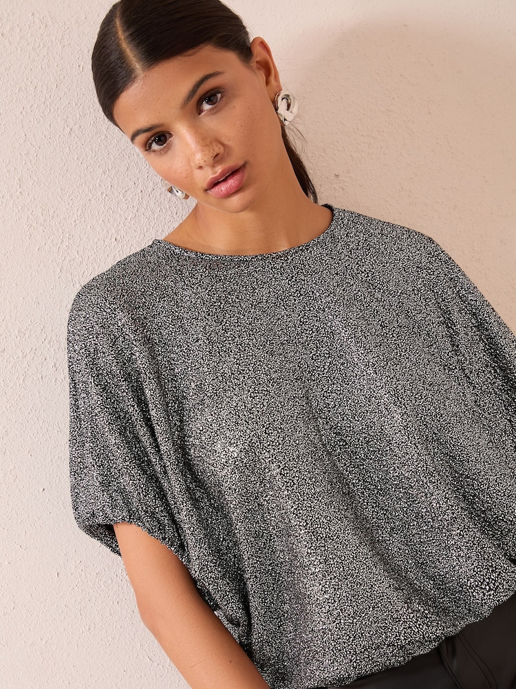 Friends Like These Silver Shimmer Flutter Sleeve Top - Image 2 of 4