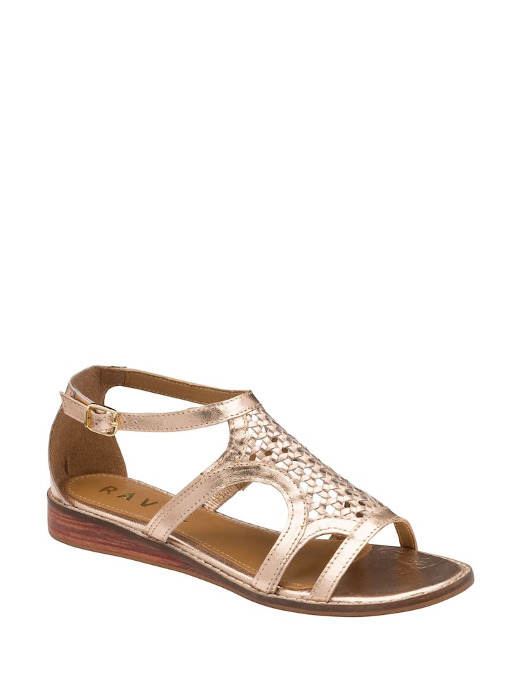 Ravel Gold Ladies Low Wedge Leather Sandals With A Woven Front And Rear Zip Fastening - Image 1 of 4 Ravel Gold Ladies Low Wedge Leather Sandals With A Woven Front And Rear Zip Fastening - Image 1 of 4