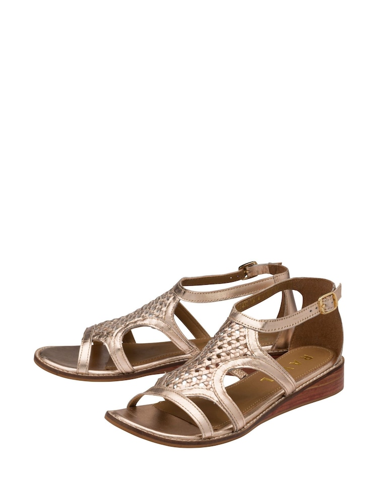 Ravel Gold Ladies Low Wedge Leather Sandals With A Woven Front And Rear Zip Fastening - Image 2 of 4 Ravel Gold Ladies Low Wedge Leather Sandals With A Woven Front And Rear Zip Fastening - Image 2 of 4