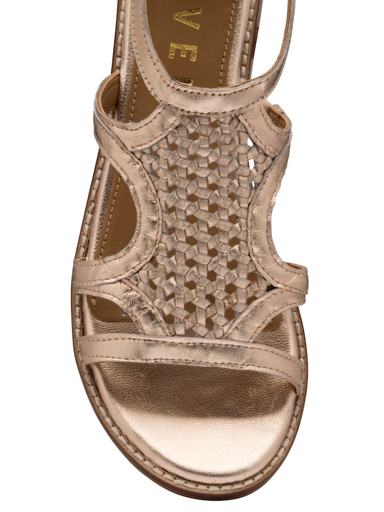 Ravel Gold Ladies Low Wedge Leather Sandals With A Woven Front And Rear Zip Fastening - Image 4 of 4 Ravel Gold Ladies Low Wedge Leather Sandals With A Woven Front And Rear Zip Fastening - Image 4 of 4
