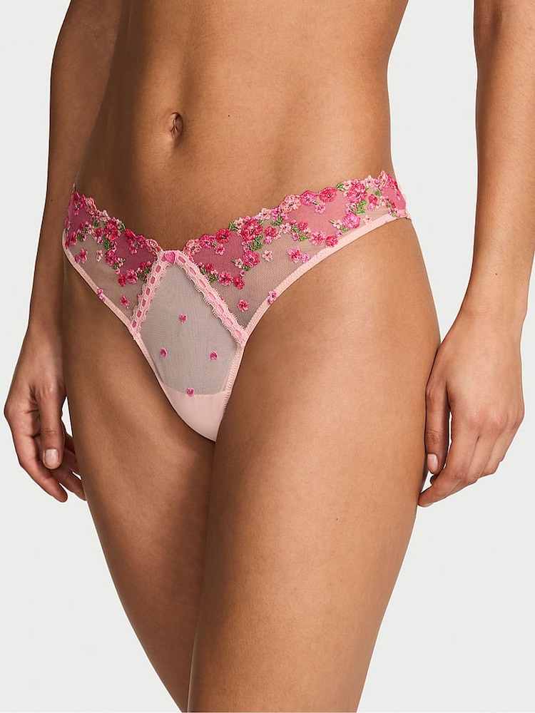 Victoria's Secret Hearts and Roses Pink Thong Embroided Knickers - Image 1 of 2 Victoria's Secret Hearts and Roses Pink Thong Embroided Knickers - Image 1 of 2