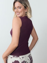 Wine Ribbed Button Through Sleeveless Top - Image 2 of 9