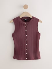 Wine Ribbed Button Through Sleeveless Top - Image 7 of 9