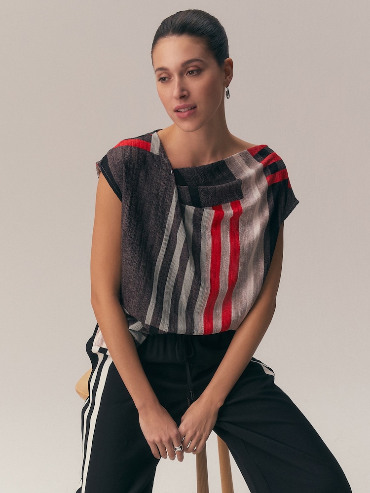 Grey Stripe Print Asymmetric Pleated Drape Short Sleeve Top - Image 1 of 5