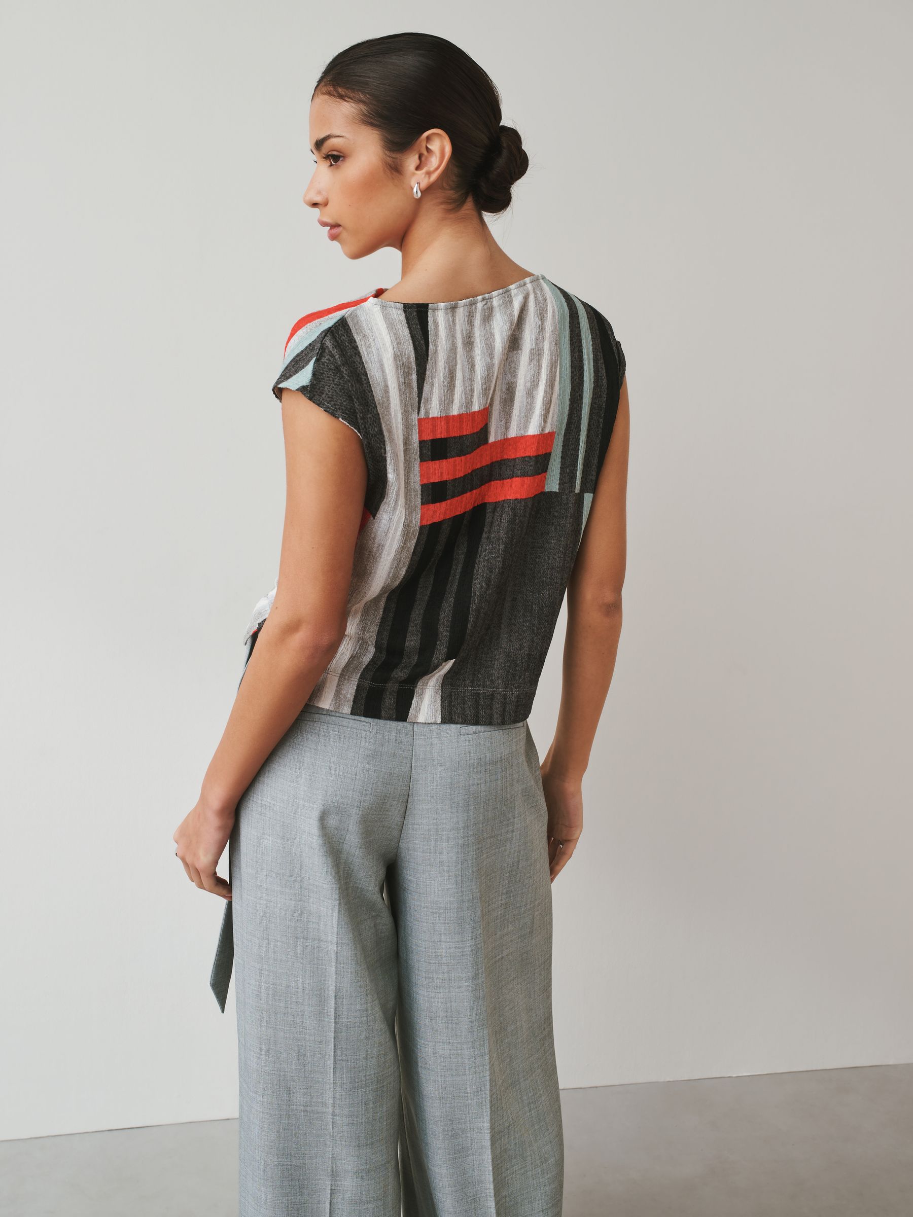 Buy Grey Stripe Print Asymmetric Pleated Drape Short Sleeve Top