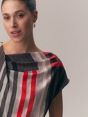 Grey Stripe Print Asymmetric Pleated Drape Short Sleeve Top - Image 5 of 5
