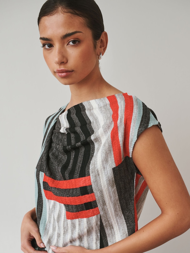 Grey Stripe Print Asymmetric Pleated Drape Short Sleeve Top - Image 1 of 4