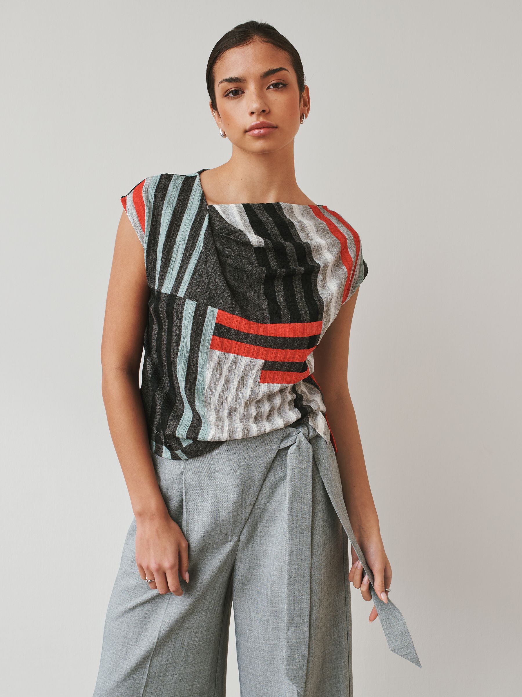 Buy Grey/Red Stripe Asymmetric Pleated Drape Short Sleeve Top from