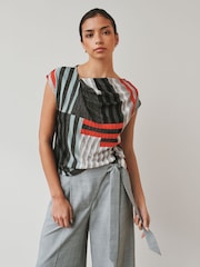 Grey Stripe Print Asymmetric Pleated Drape Short Sleeve Top - Image 3 of 4