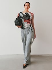 Grey Stripe Print Asymmetric Pleated Drape Short Sleeve Top - Image 4 of 4