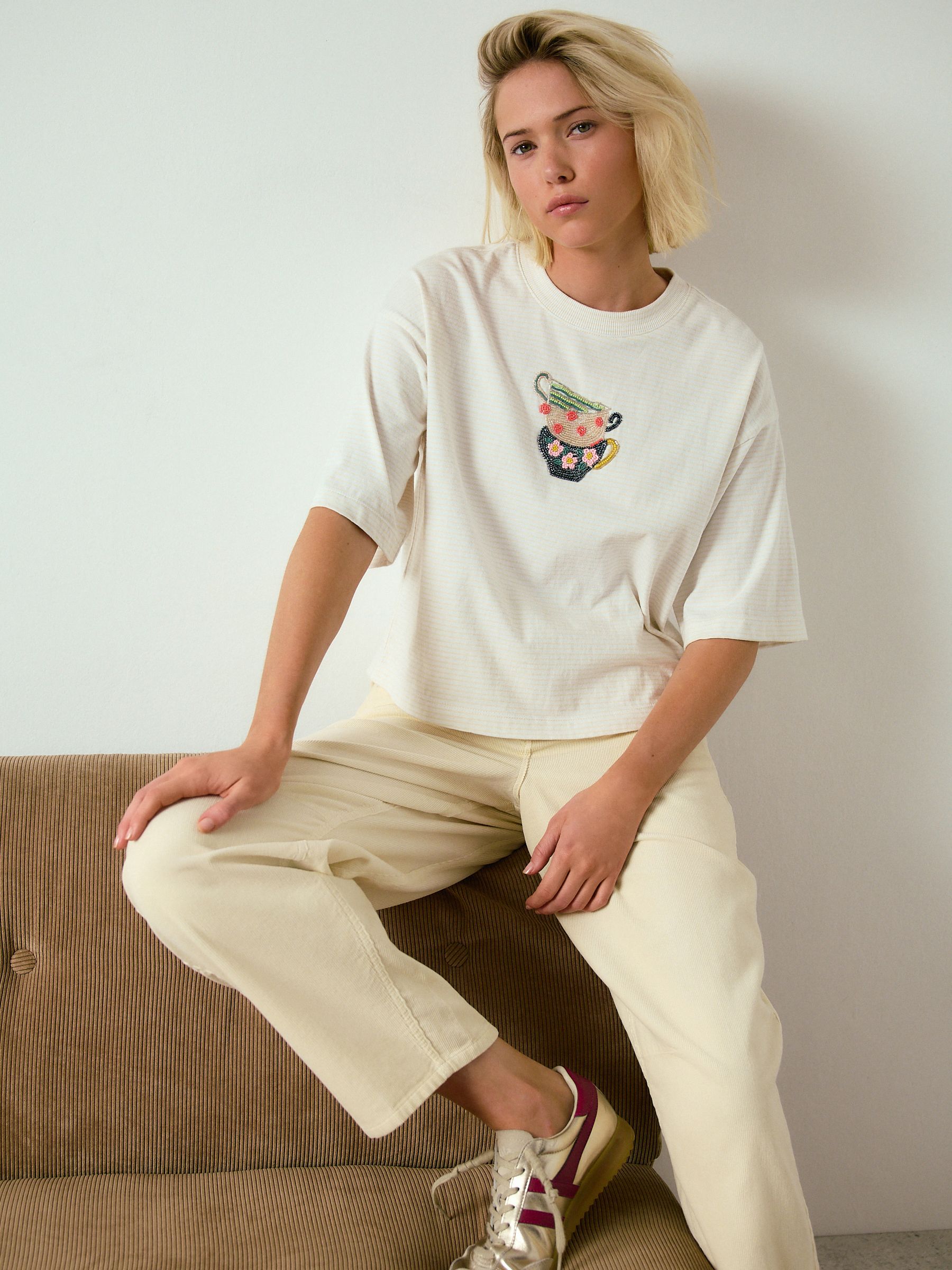 Buy Butter Yellow Stripe Beaded Teacup Short Sleeve T-Shirt from
