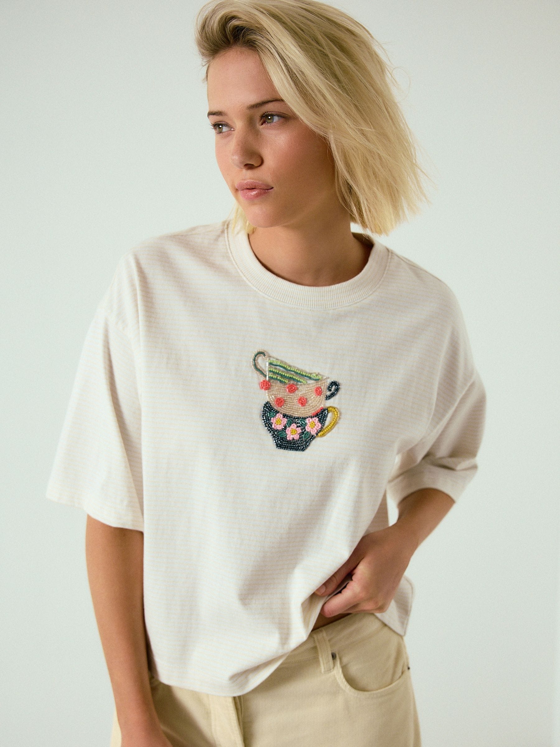 Buy Butter Yellow Stripe Beaded Teacup Short Sleeve T-Shirt from