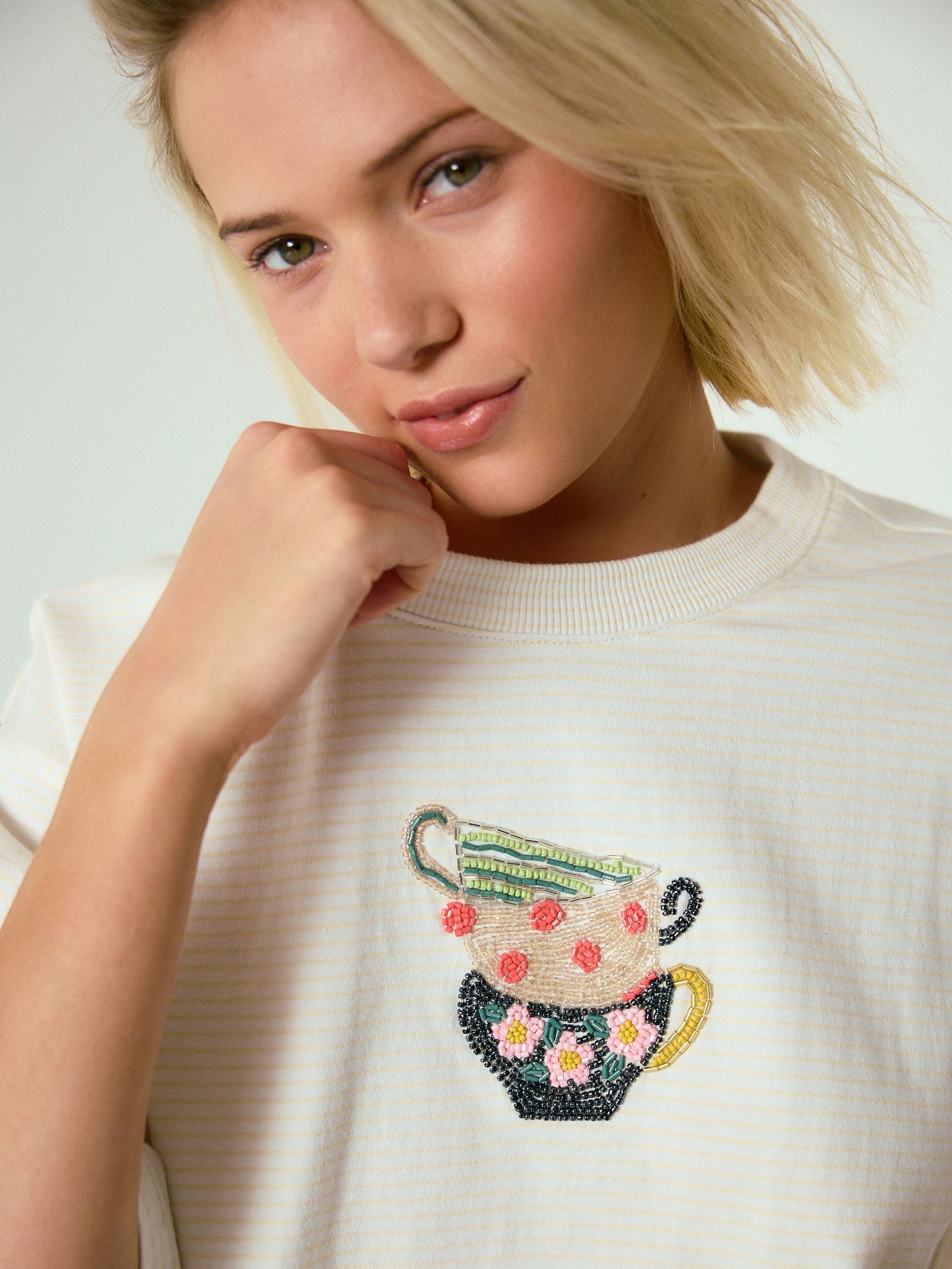 Buy Butter Yellow Stripe Beaded Teacup Short Sleeve T-Shirt from