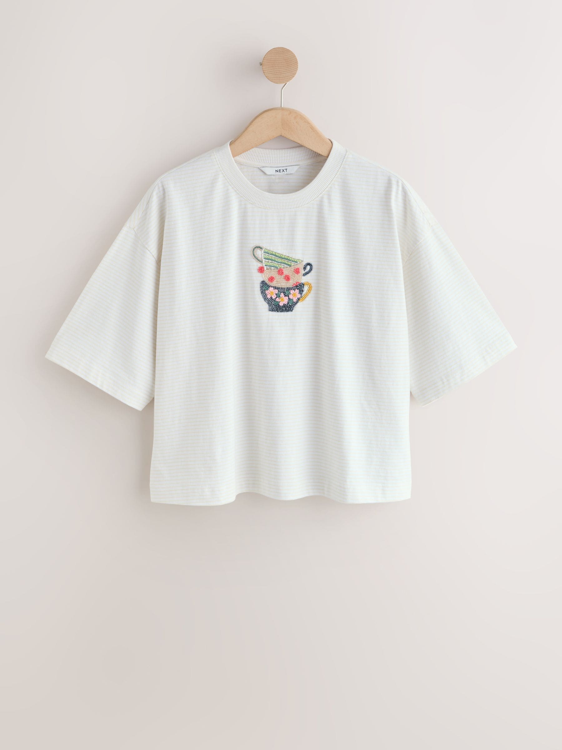 Buy Butter Yellow Stripe Beaded Teacup Short Sleeve T-Shirt from