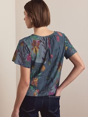 Navy Floral Print Short Sleeve Notch Neck Shirred Bubblehem Top - Image 4 of 8