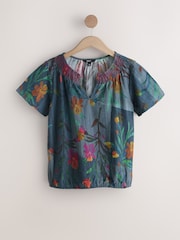 Navy Floral Print Short Sleeve Notch Neck Shirred Bubblehem Top - Image 6 of 8