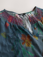 Navy Floral Print Short Sleeve Notch Neck Shirred Bubblehem Top - Image 7 of 8