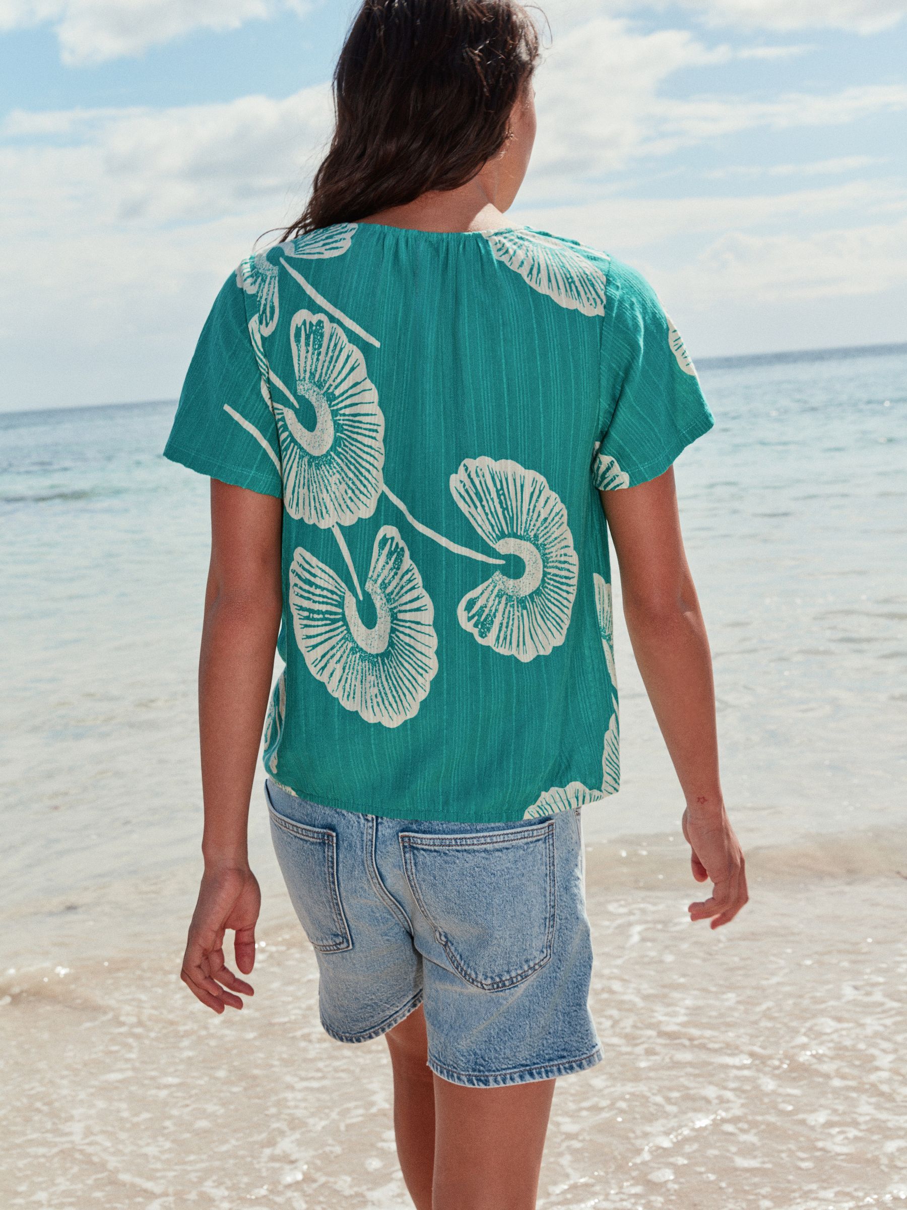 Buy Green Palm Print Short Sleeve Notch Neck Shirred Bubblehem Top
