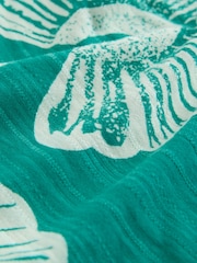 Green Palm Print Short Sleeve Notch Neck Shirred Bubblehem Top - Image 2 of 3