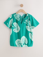 Green Palm Print Short Sleeve Notch Neck Shirred Bubblehem Top - Image 4 of 6