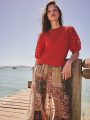 Red Broderie Sleeve Crew Neck T-Shirt - Image 1 of 5