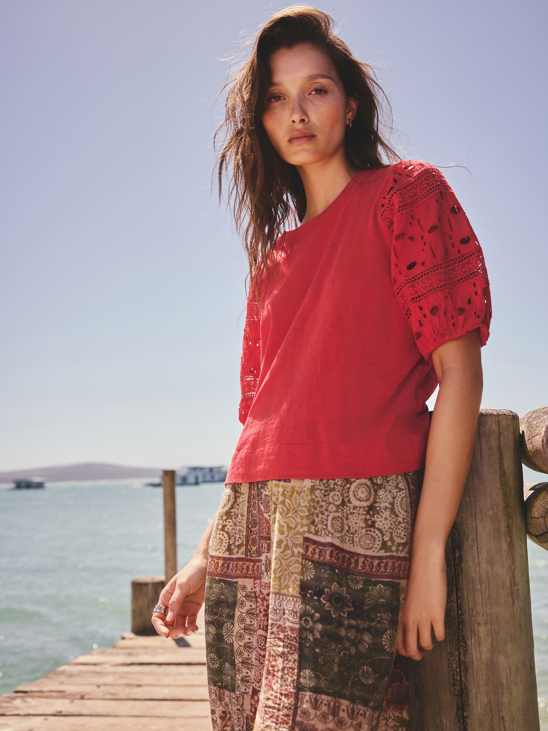 Buy Red Broderie Sleeve Crew Neck T-Shirt from the Next UK online shop